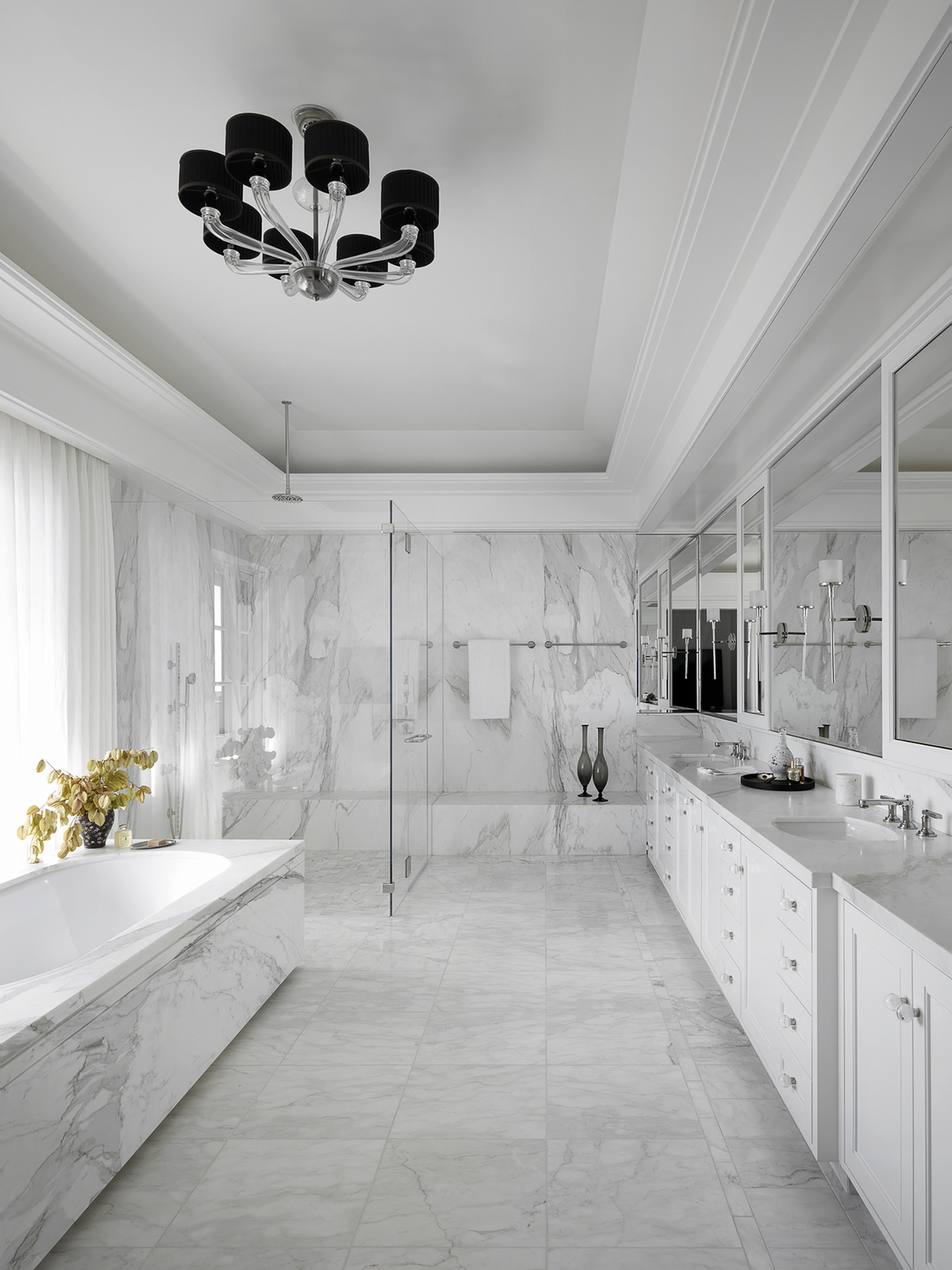 Centric Building California Soda Canyon Marble Primary Bathroom Soaking Tub Glass Shower