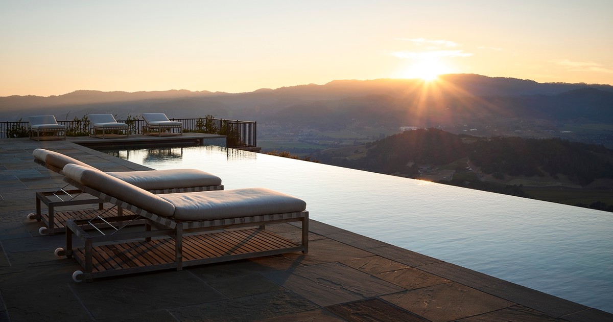 Centric Building California Soda Canyon Infinity Pool Lounge Chairs Sunset