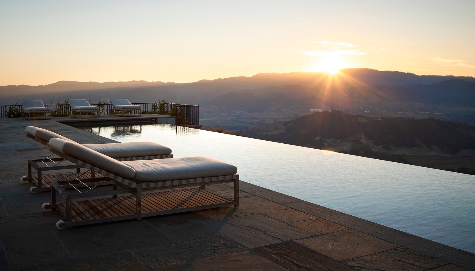 Centric Building California Soda Canyon Infinity Pool Lounge Chairs Sunset
