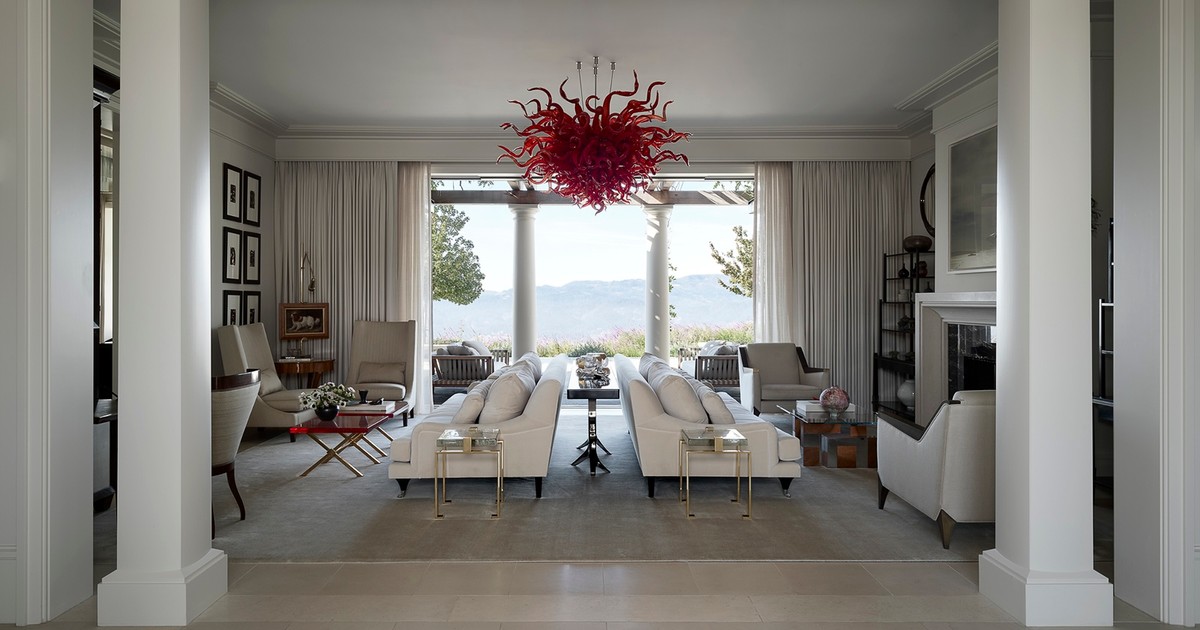 Centric Building California Soda Canyon Formal Living Room Red Glass Chandelier