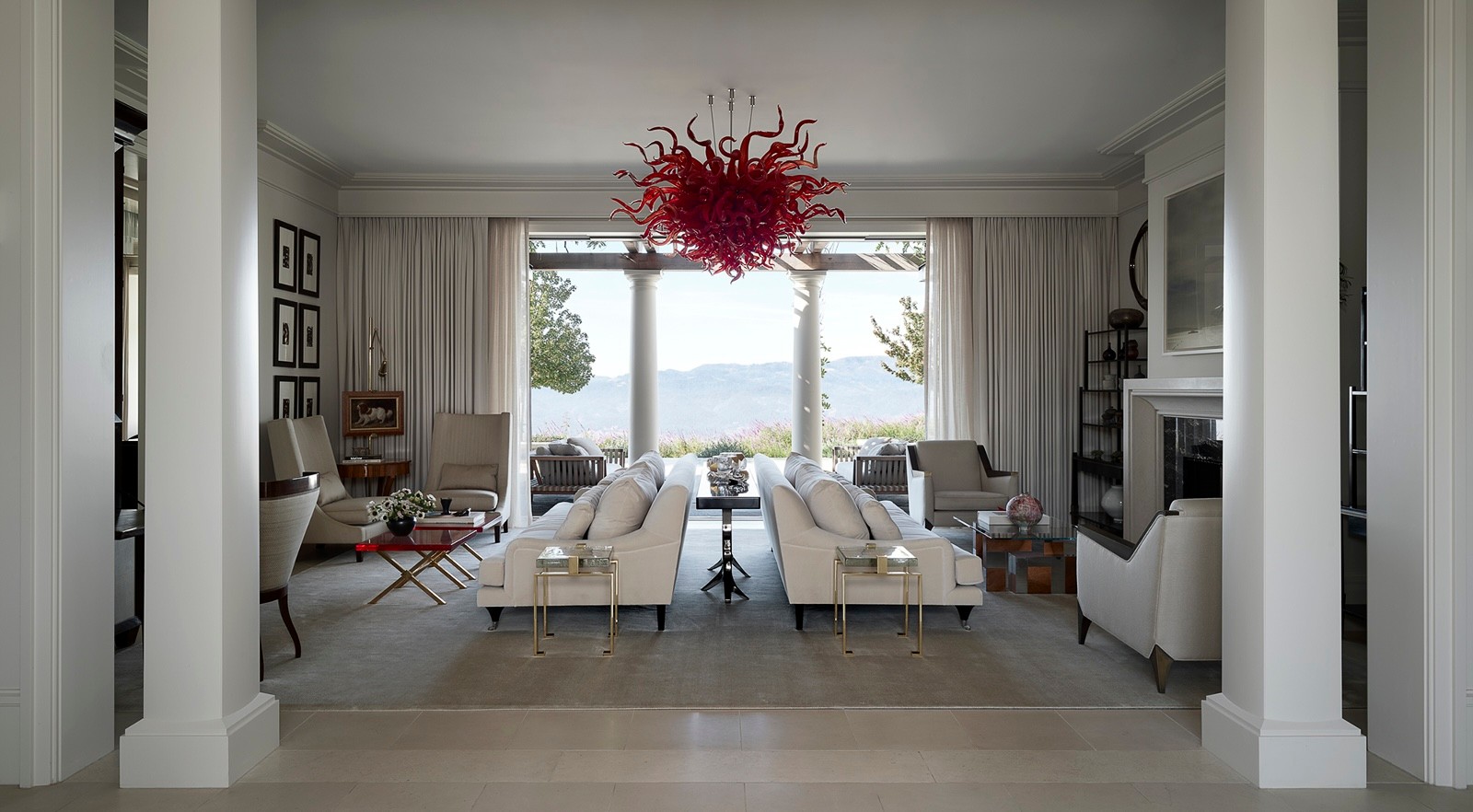 Centric Building California Soda Canyon Formal Living Room Red Glass Chandelier