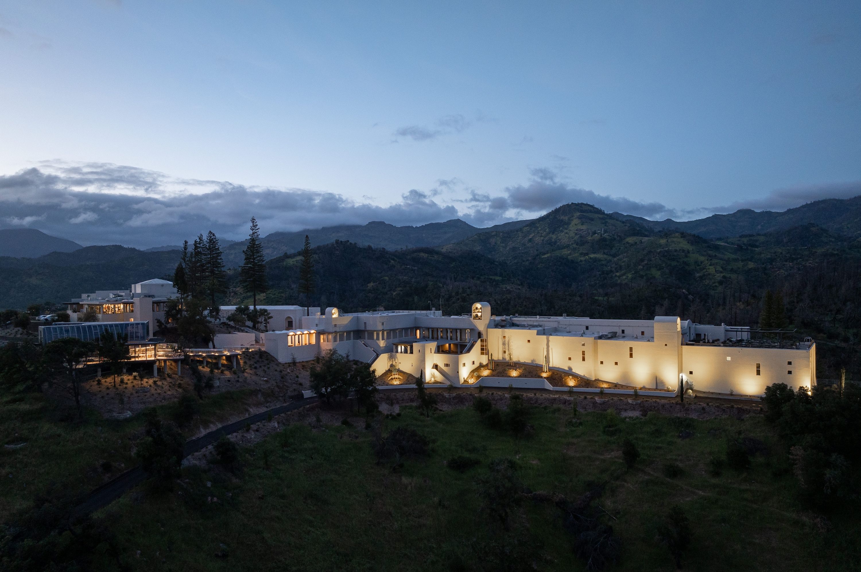 Centric General Contractors Construction and Build California Sterling Vineyards Exterior Fieldview Nighttime