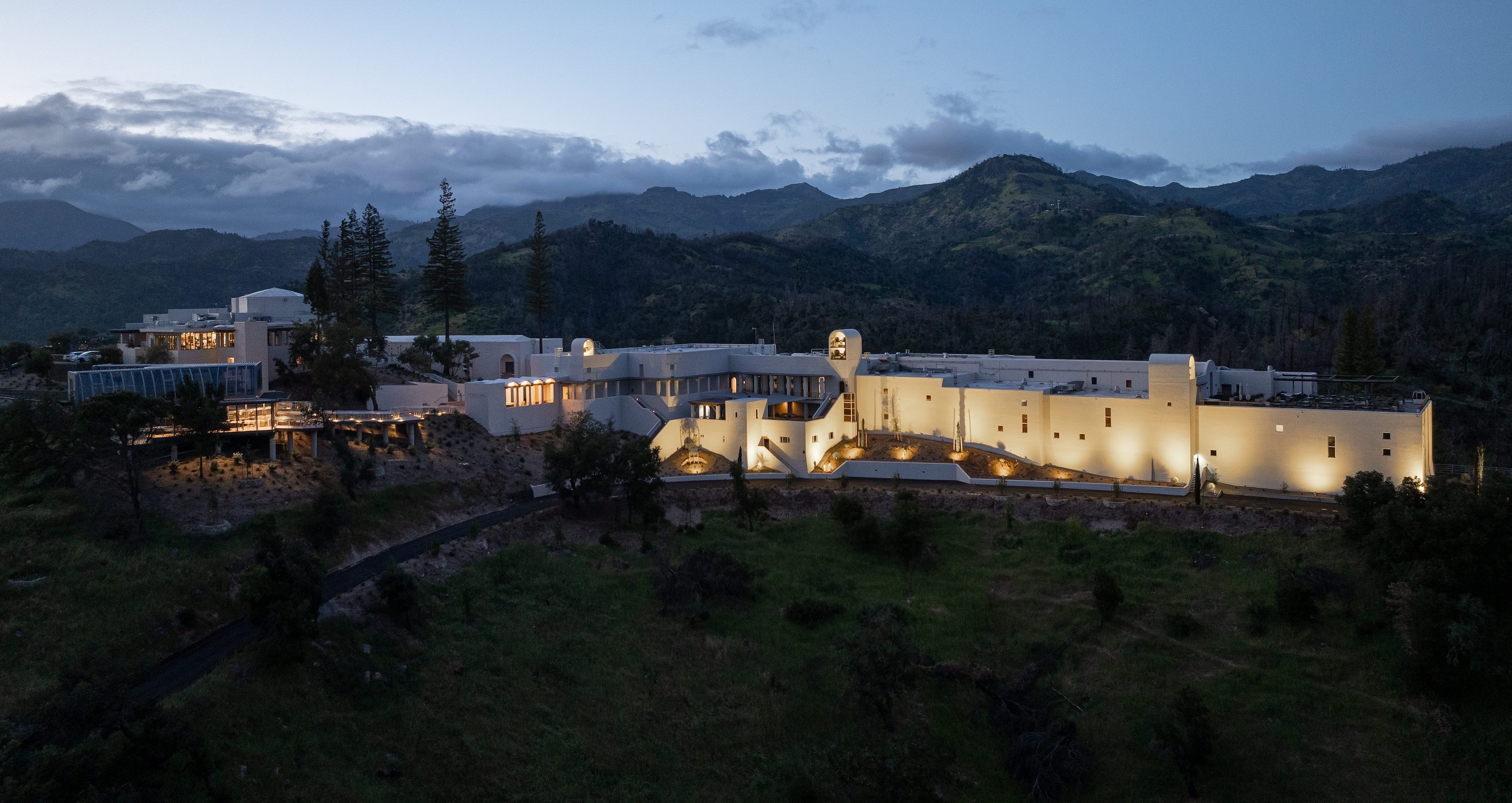 Centric General Contractors Construction and Build California Sterling Vineyards Exterior Fieldview Nighttime
