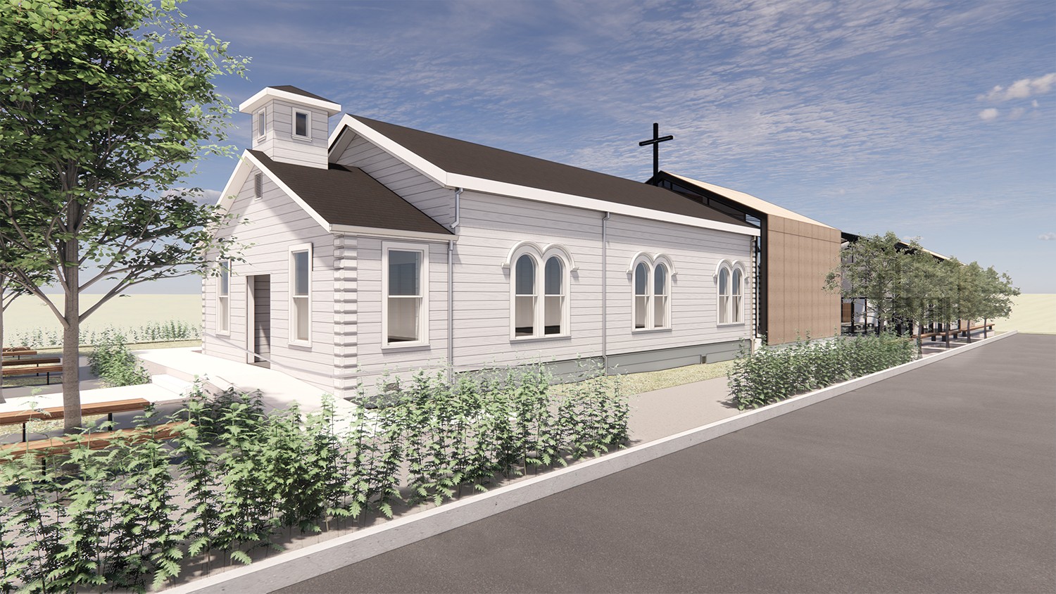 Centric General Contractors Construction and Build California St Helena Community Church Exterior Render Entry