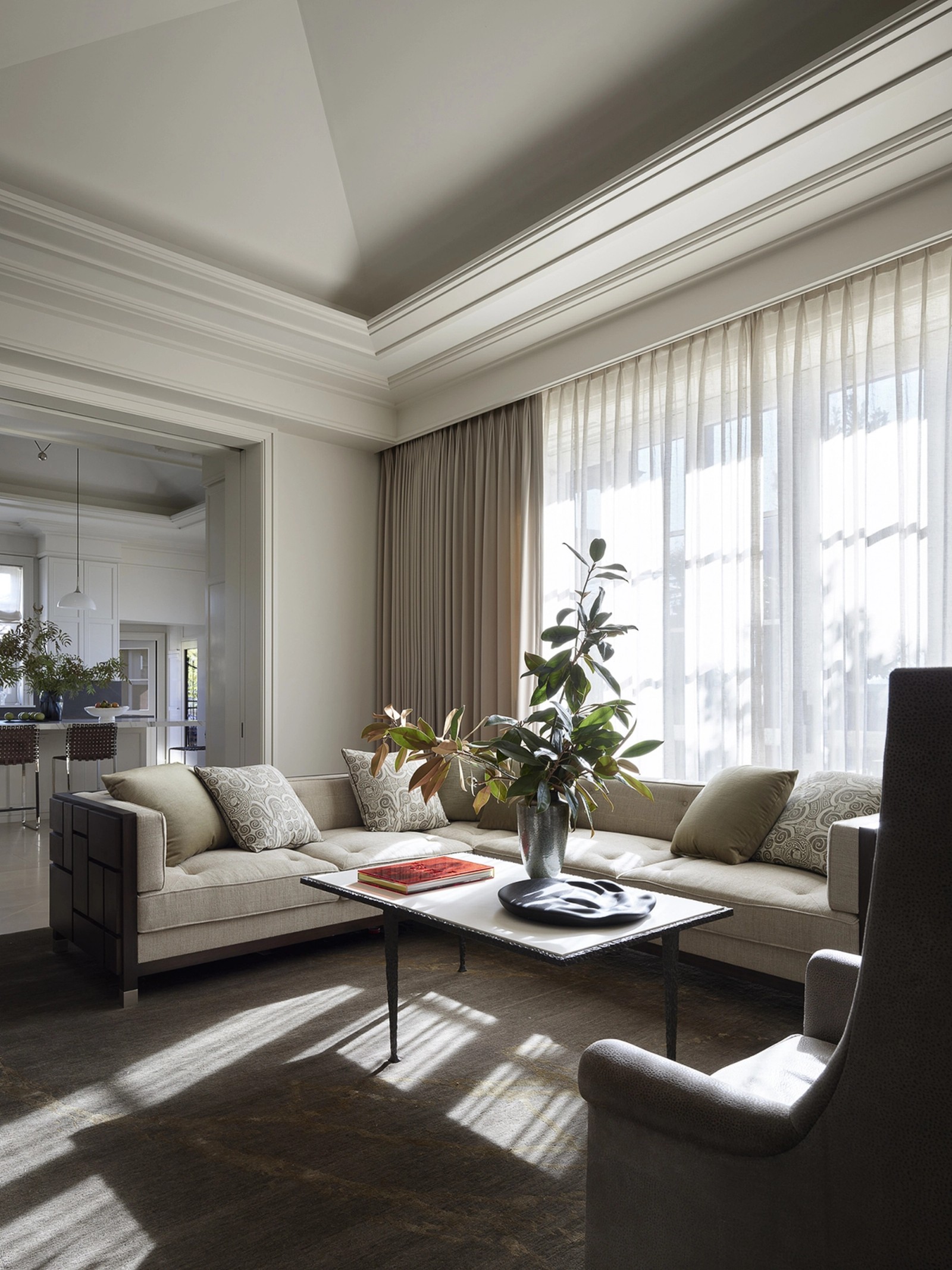 Centric Building California Soda Canyon Neutral Living Room Sectional Sofa Sheer Curtains