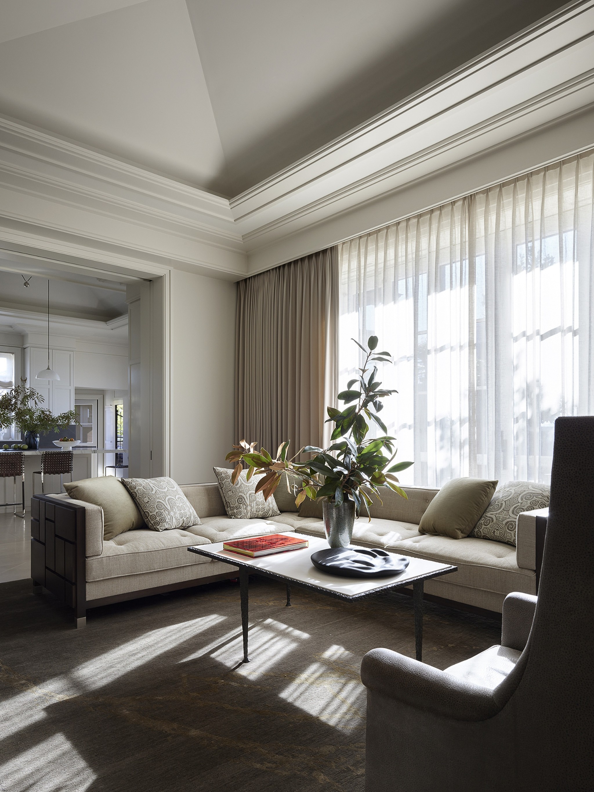Centric Building California Soda Canyon Neutral Living Room Sectional Sofa Sheer Curtains
