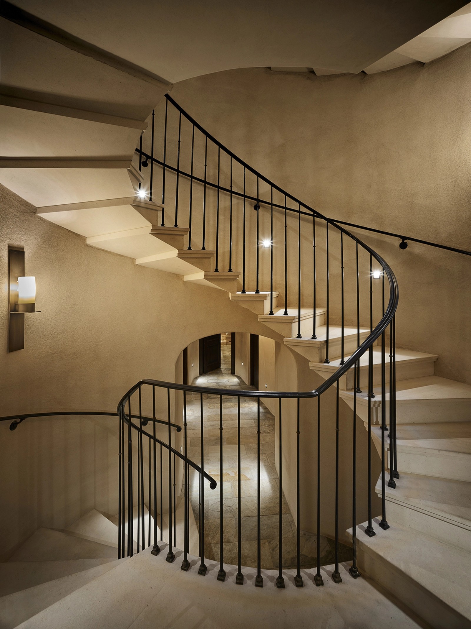 Centric Building California Soda Canyon Curved Stone Staircase Iron Railing