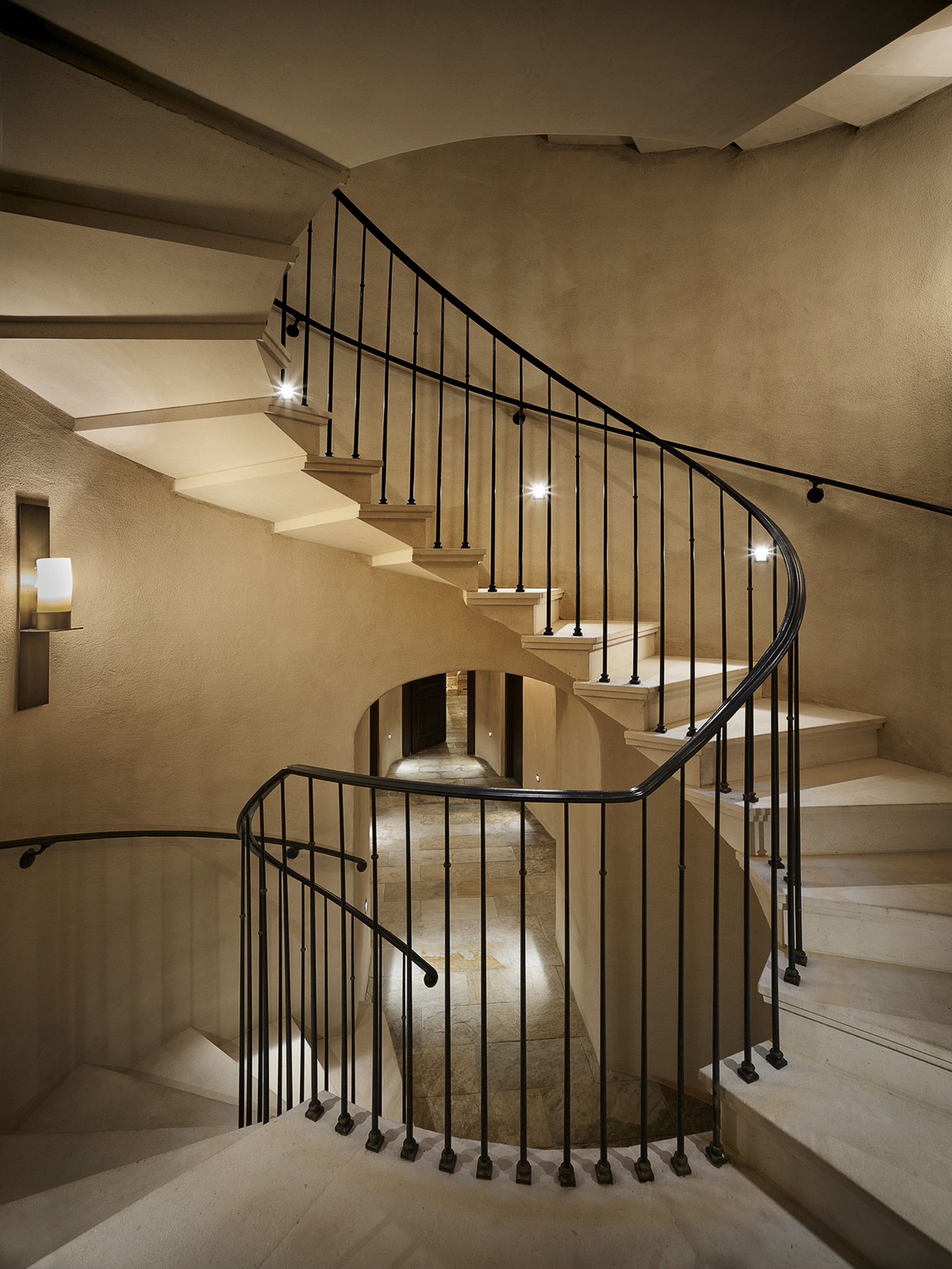 Centric Building California Soda Canyon Curved Stone Staircase Iron Railing