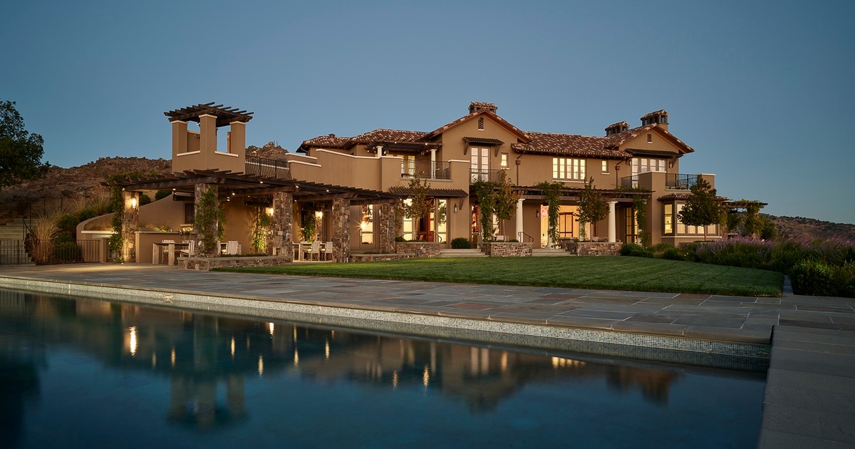 Centric Building California Soda Canyon Exterior Rear Pool Illuminated Dusk