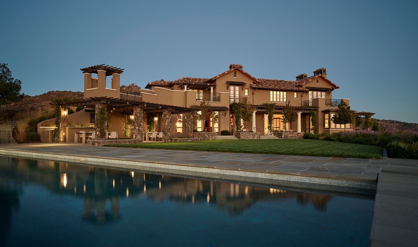 Centric Building California Soda Canyon Exterior Rear Pool Illuminated Dusk