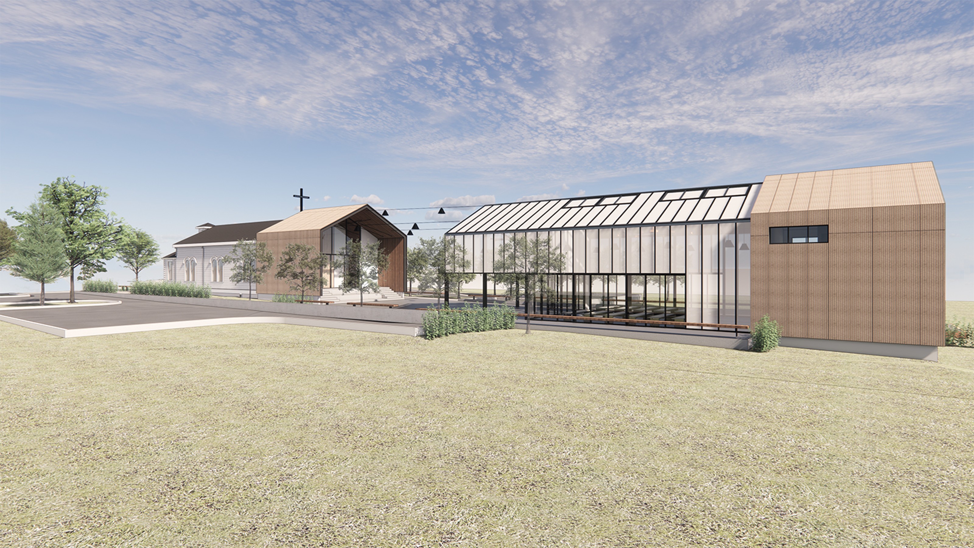 Centric General Contractors Construction and Build California St Helena Community Church Exterior Render Greenhouse