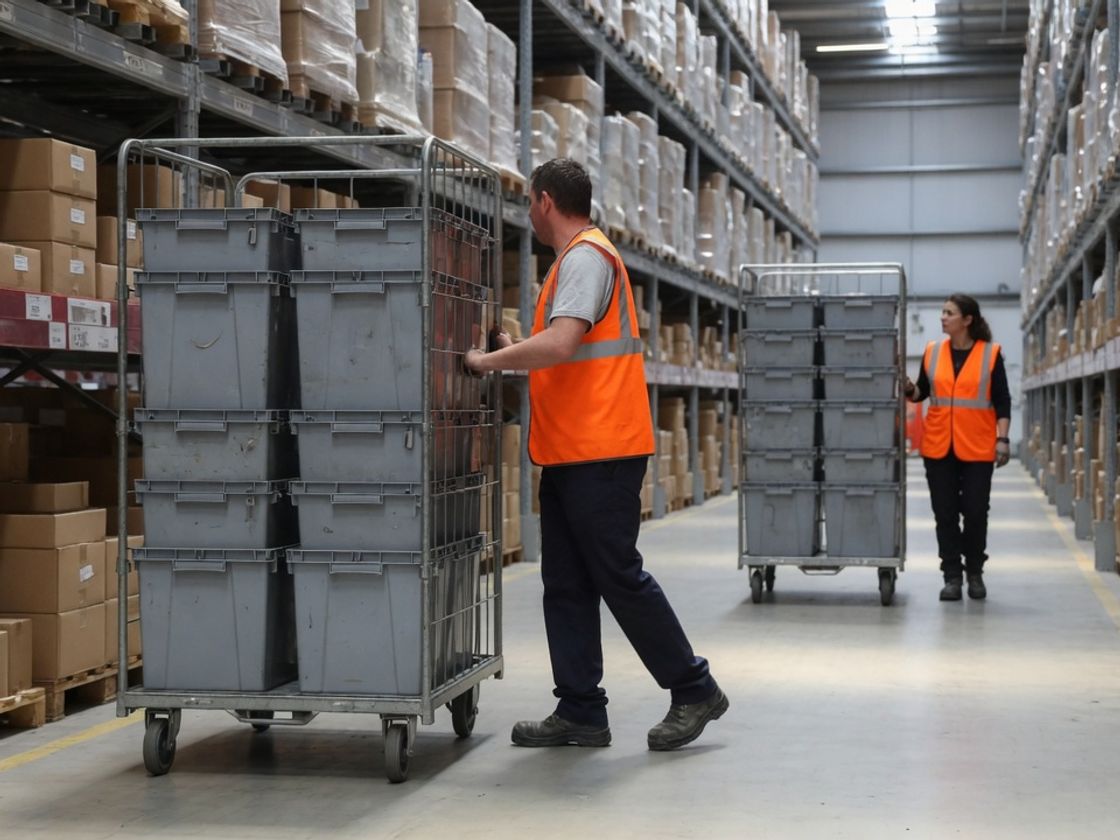 Warehouse crew with carts in a racked aisle and a sorter at a bench, as in batch picking vs wave picking