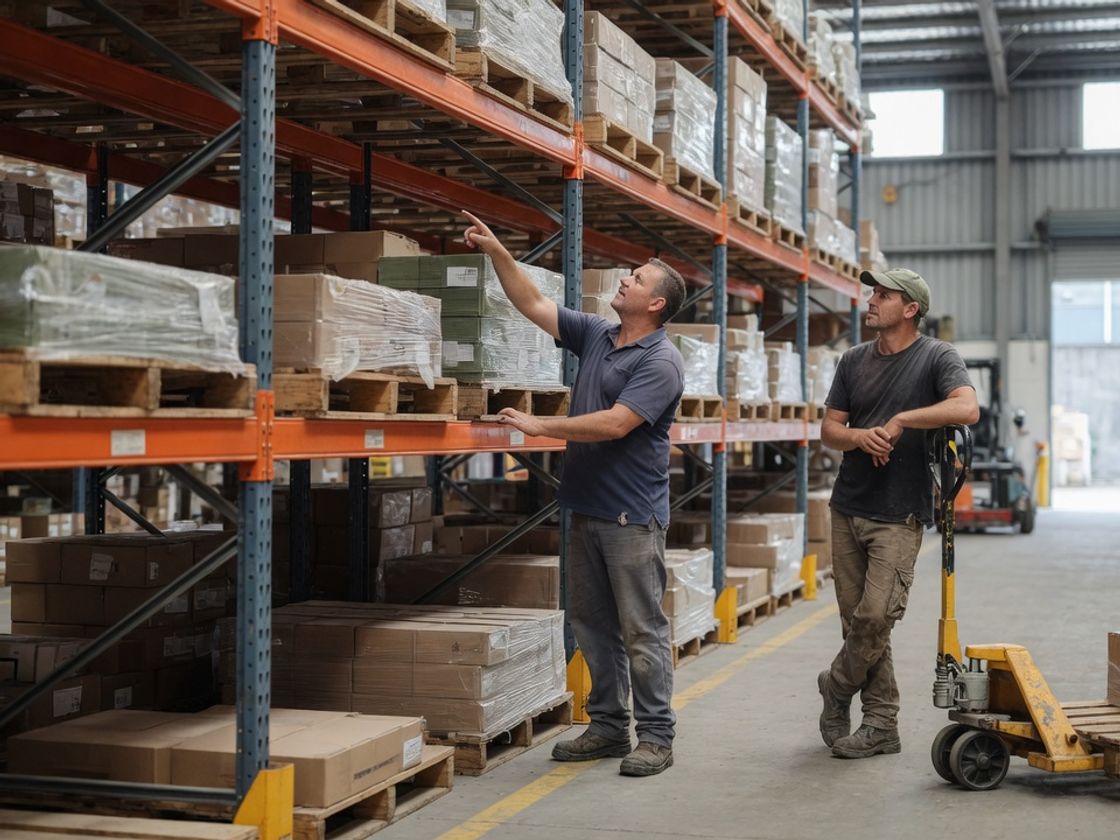 Inventory controller counting pallets at a racking bay while a storeperson waits beside a pallet jack