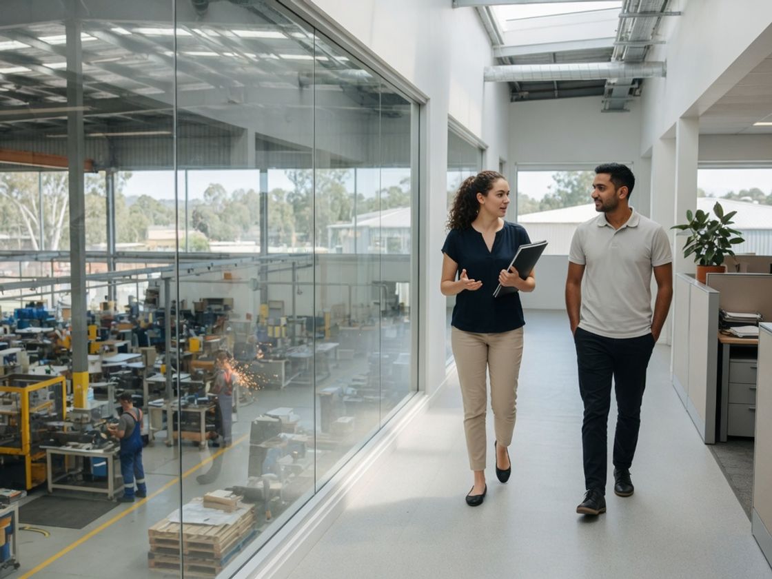 Two young colleagues walking between an office and a factory floor, for FMCG graduate program rotations