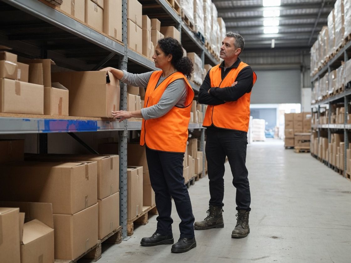 Picker taking an item from a waist-height shelf near the dispatch dock, where warehouse slotting places the fastest lines