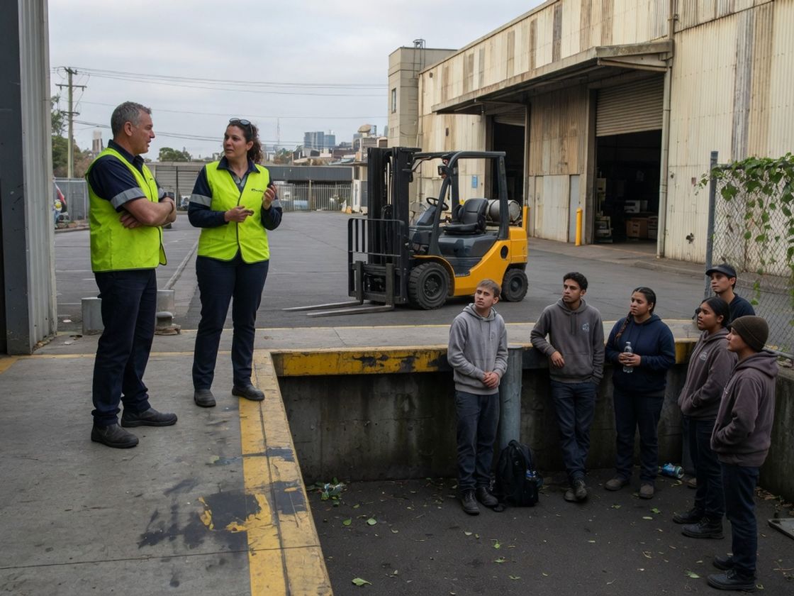 Plant manager and supervisor greeting new workers at a Melbourne factory loading dock, a host who has checked the labour hire licence register before day one