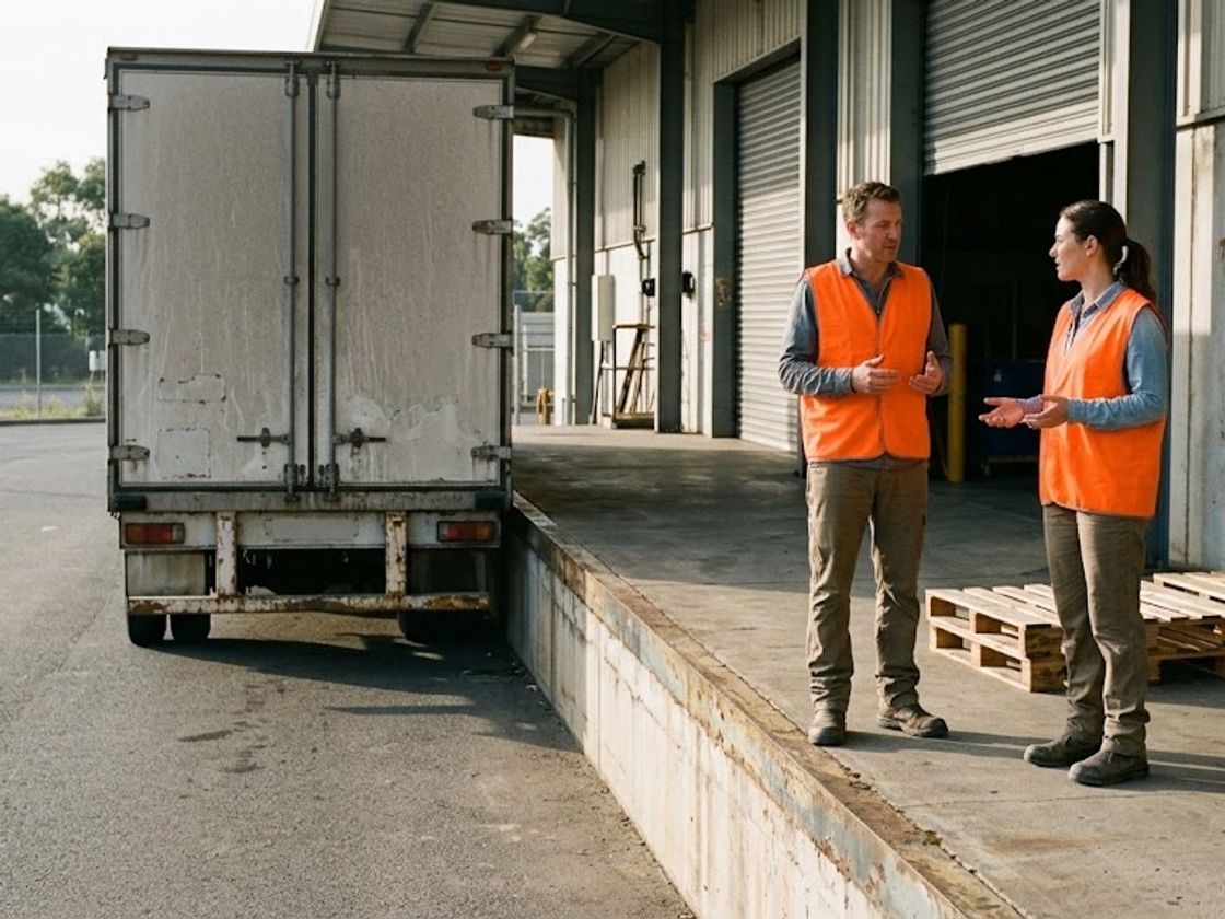 Two warehouse supervisors at a loading dock discussing labour booking reconciliation before a shift