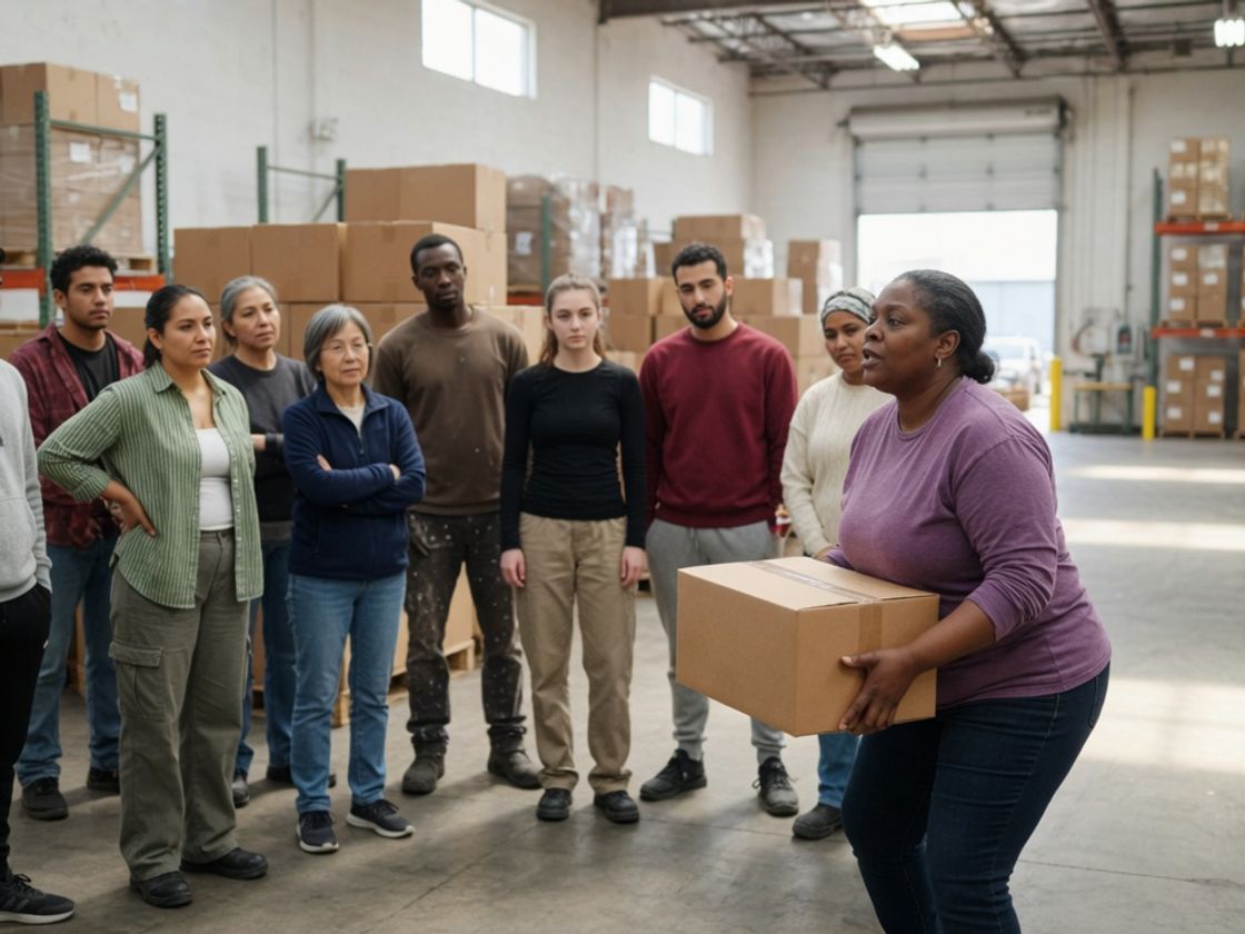 Group of new warehouse workers in a semicircle watching a supervisor demonstrate how to lift a cardboard carton