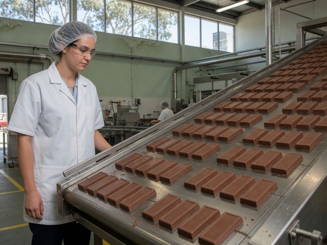 A young graduate in a white coat watching a food production conveyor, for the Mondelez graduate program