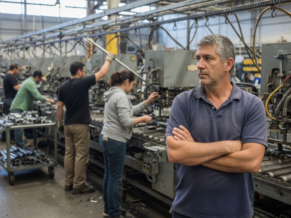 Shift supervisor with folded arms in front of a manufacturing line with workers behind him