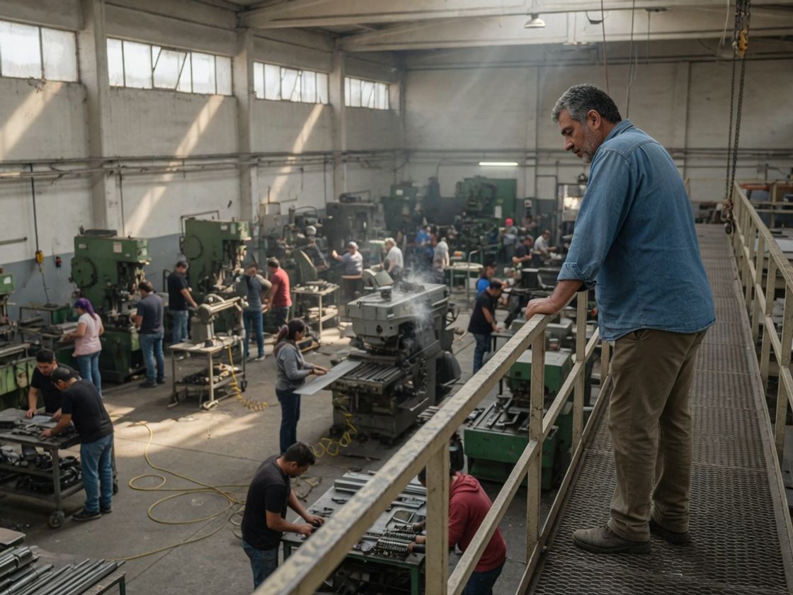 Factory manager on a mezzanine walkway looking out over a busy production floor