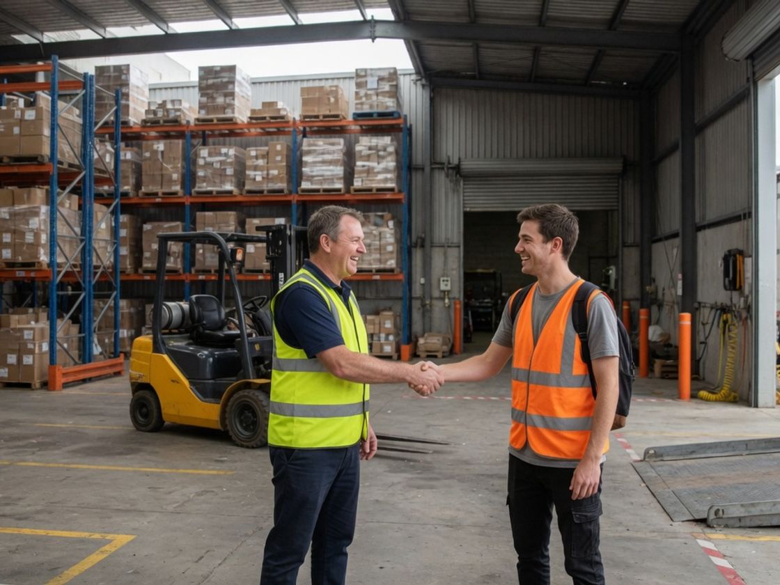 Warehouse supervisor welcoming a casual worker booked through a labour hire portal at a Melbourne loading dock