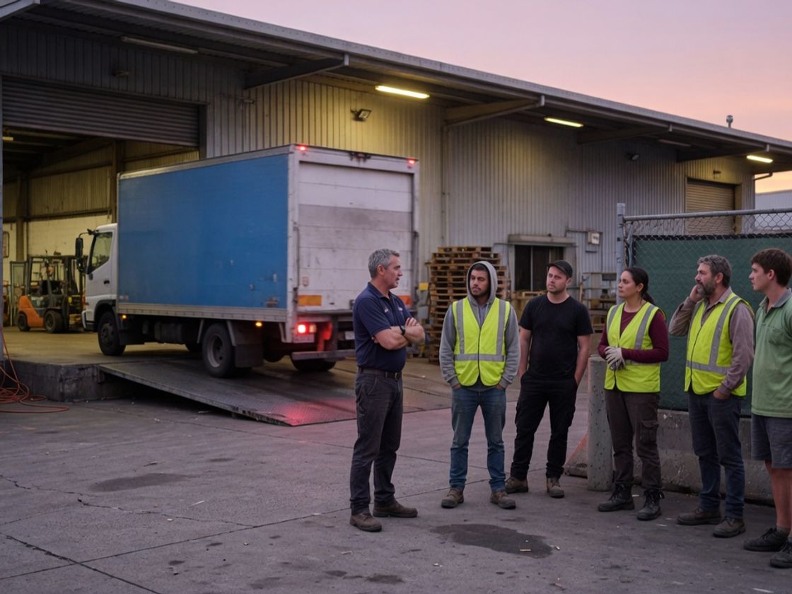 Site supervisor and a small seasonal crew in hi-vis vests at a warehouse loading dock at dawn, with a delivery truck in the bay behind them