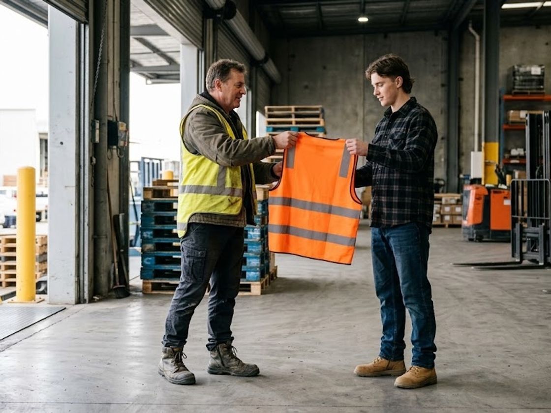 Supervisor fitting a new worker with a hi-vis vest at induction, where induction administration cost accumulates