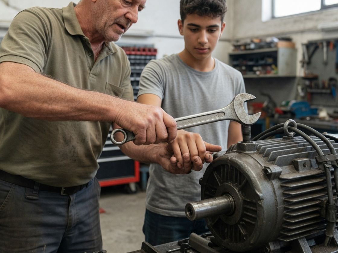 Experienced tradesperson showing a young apprentice how to use a spanner on a large electric motor