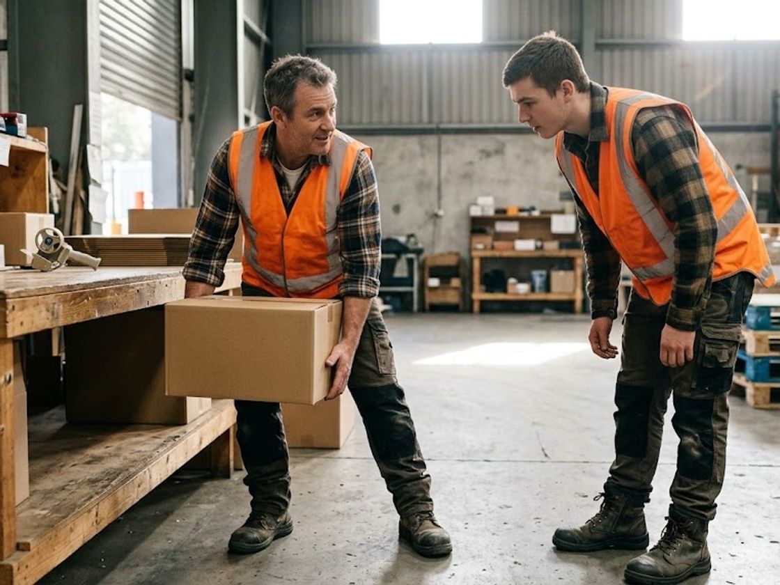Experienced worker coaching a new colleague at a packing bench, the floor time behind WMS training cost