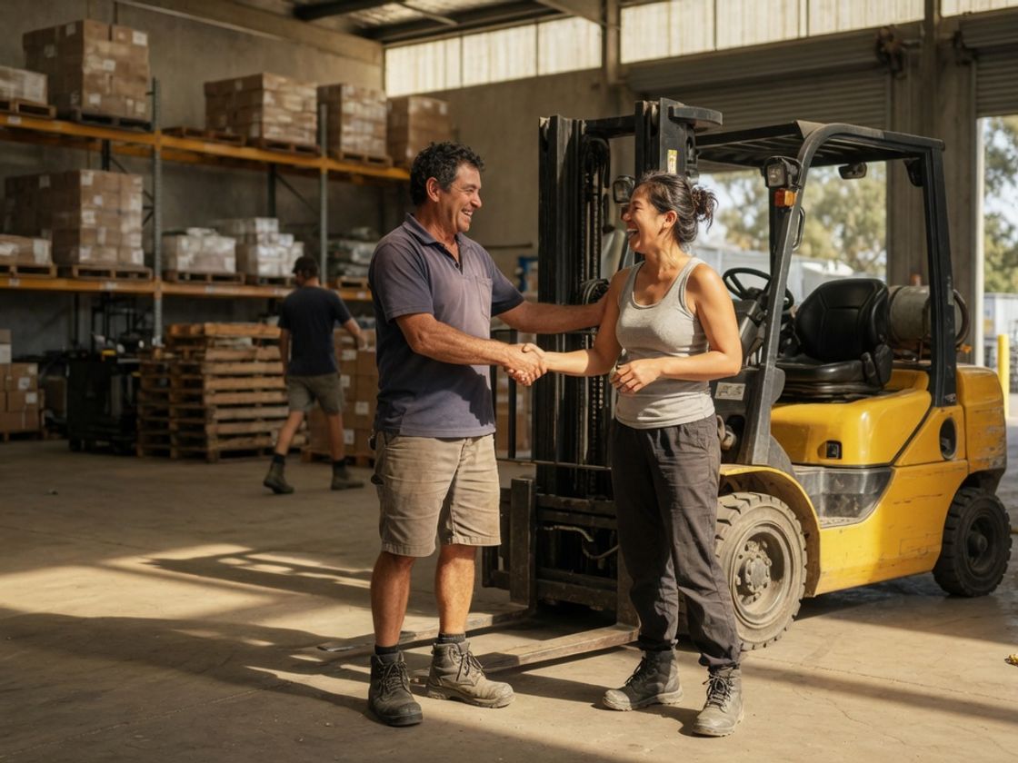 Returning warehouse worker and a team leader shaking hands beside a yellow forklift in a bright warehouse