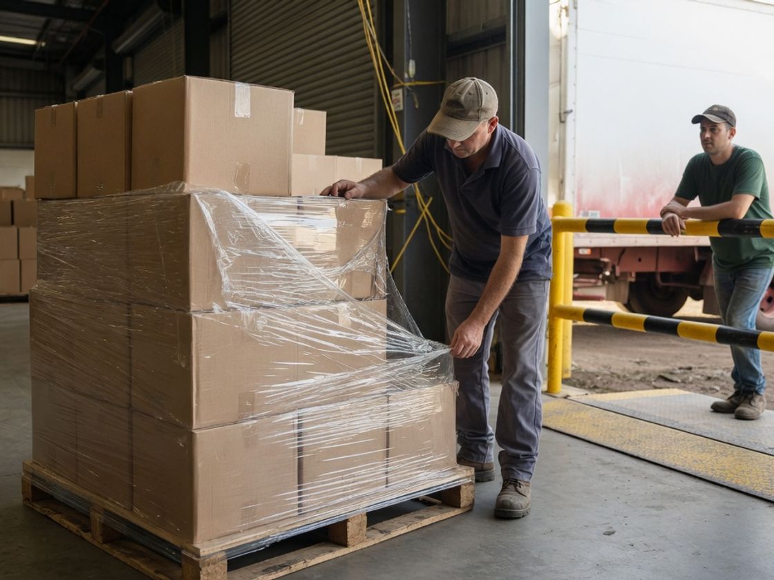 Warehouse worker inspecting a pallet at an open dock door during the goods receiving process while a truck driver waits behind a barrier