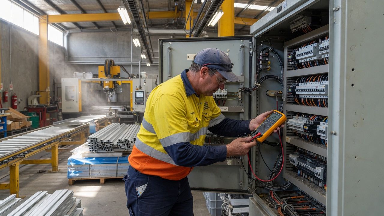 A-grade electrician testing an industrial switchboard