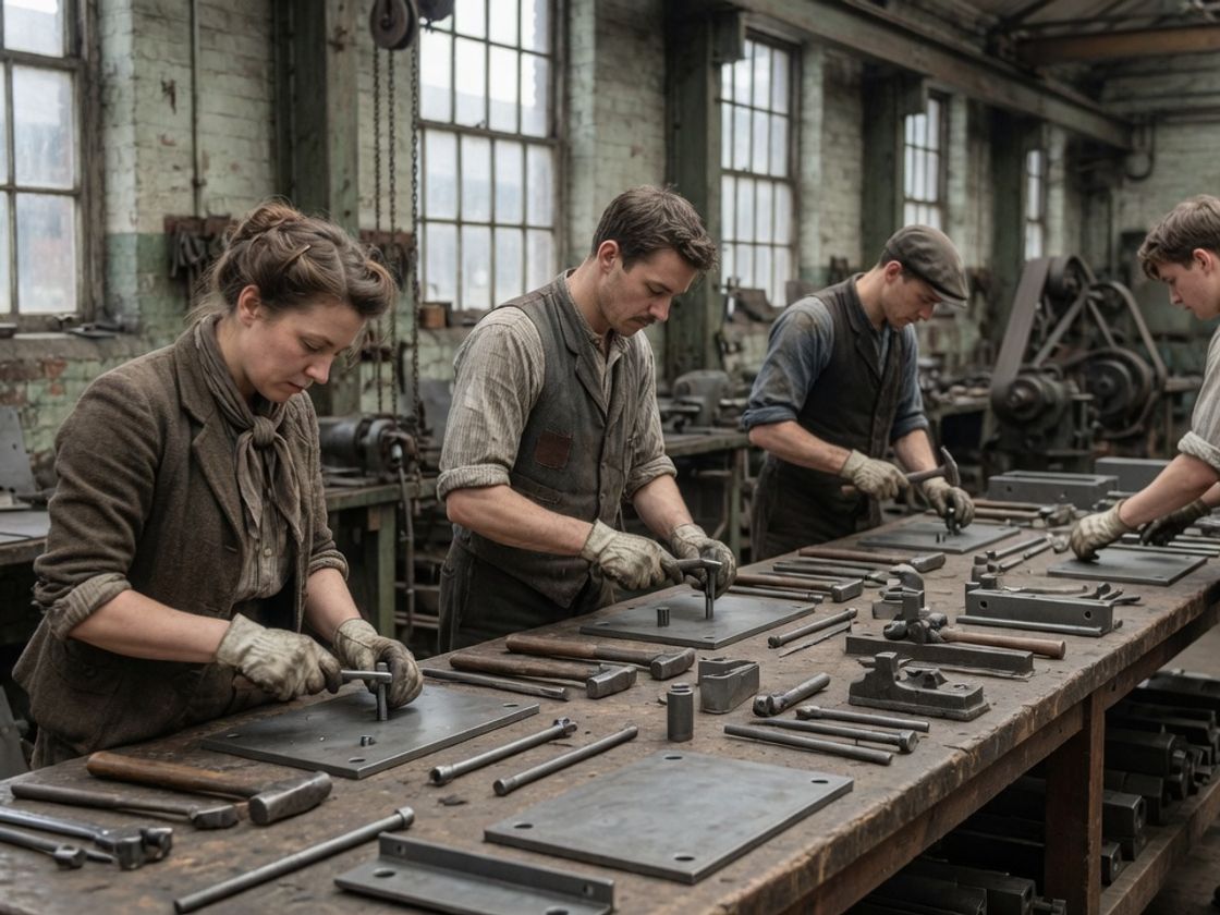 Four workers laying out parts and tools along a long bench in a factory workshop