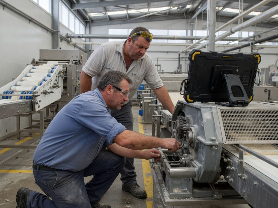 Maintenance technician beside a conveyor gearbox with a tablet, showing CMMS skills in a Melbourne food plant