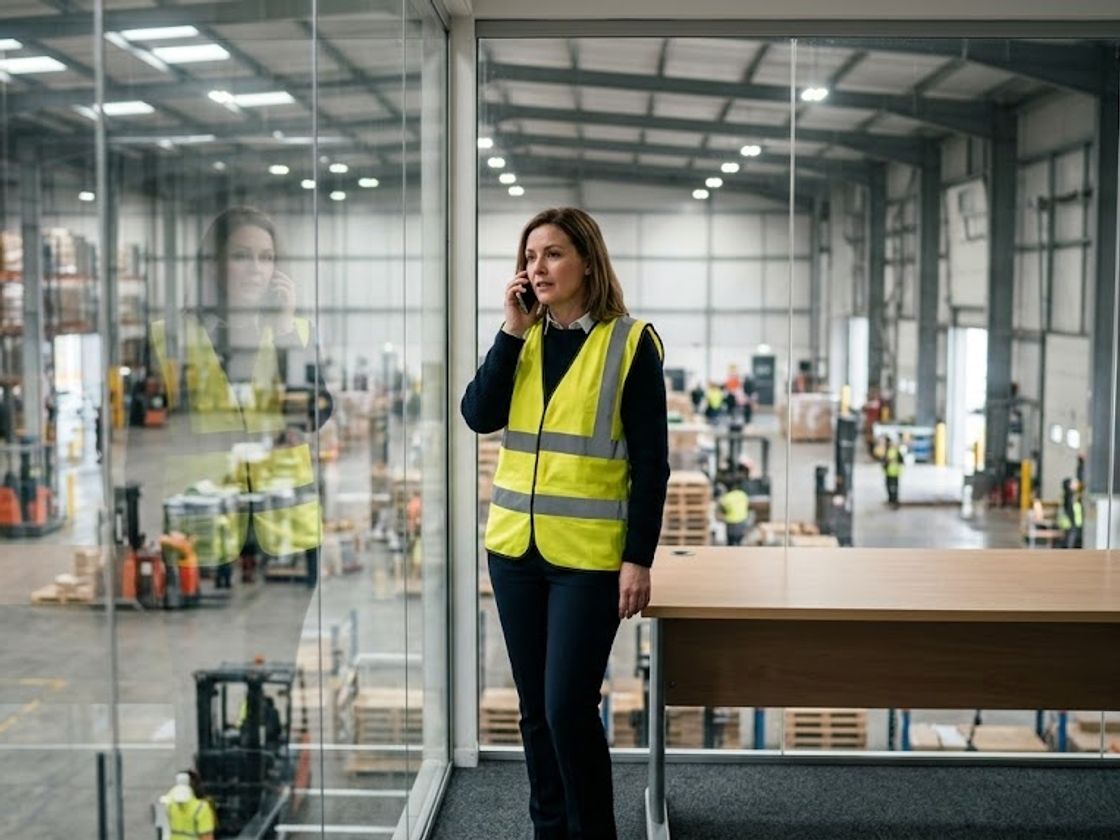 Warehouse supervisor on a call in a glass office, handling a question that roster rule maintenance would answer