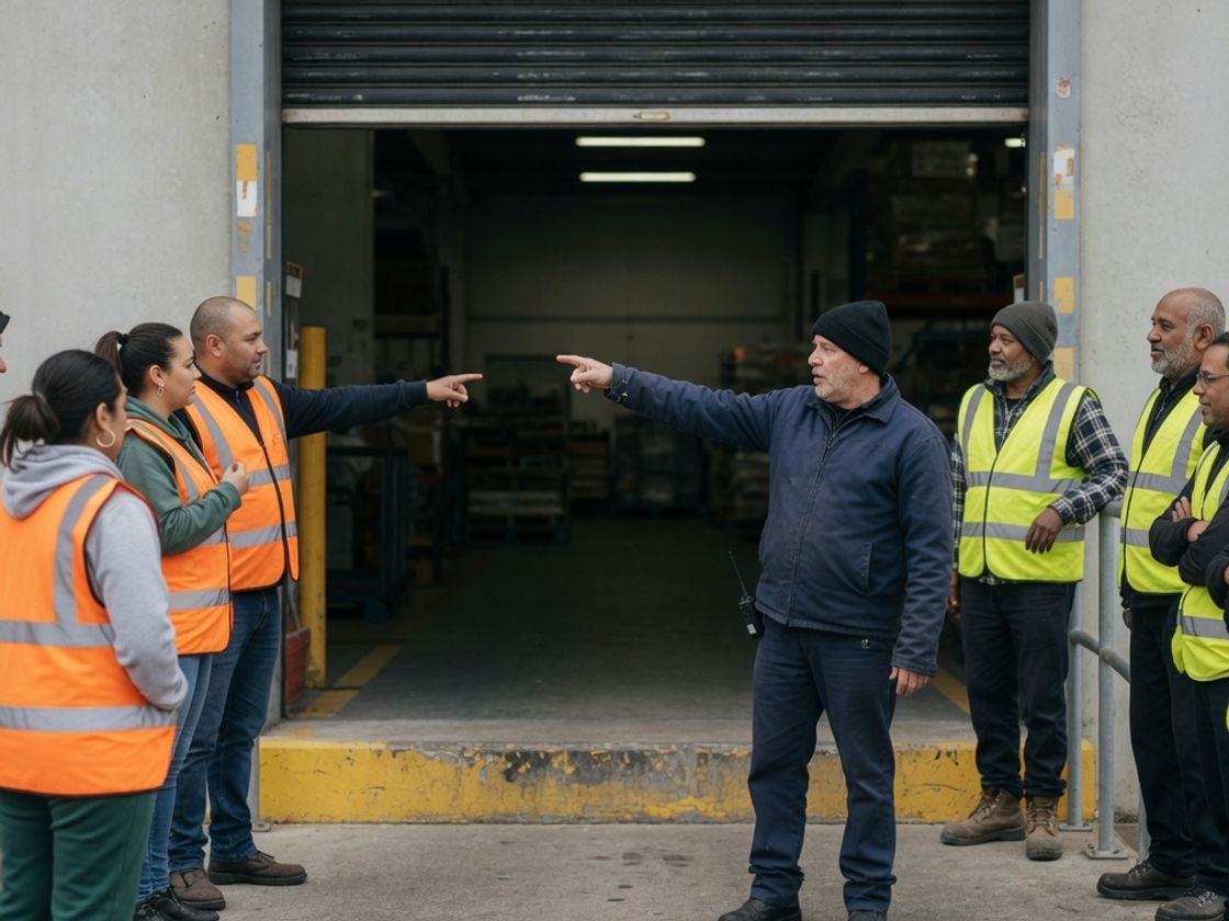Two groups of workers in orange and yellow hi-vis vests meeting at a distribution centre entrance while a supervisor directs them inside