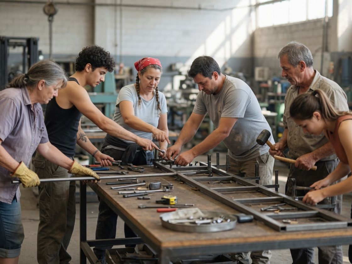 Mixed-age crew of workers working together around a long workbench in a factory