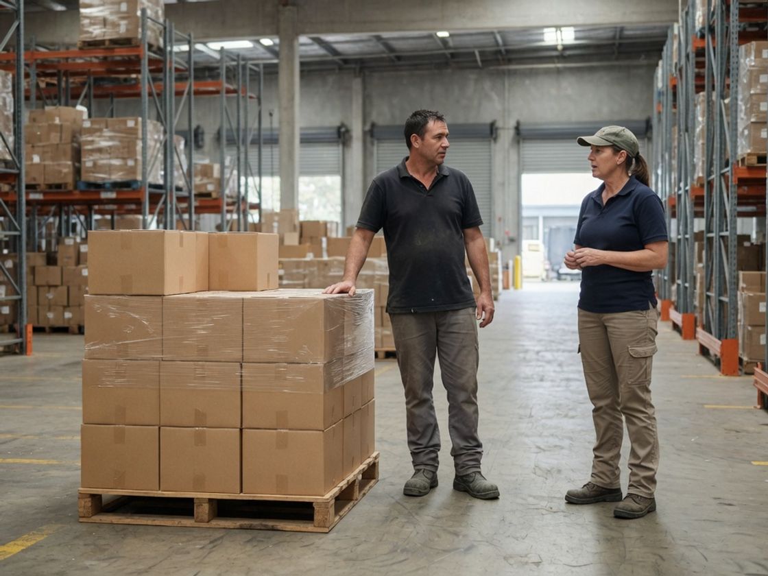 Warehouse worker and supervisor beside a pallet at a racking bay, keeping inventory accuracy on the floor