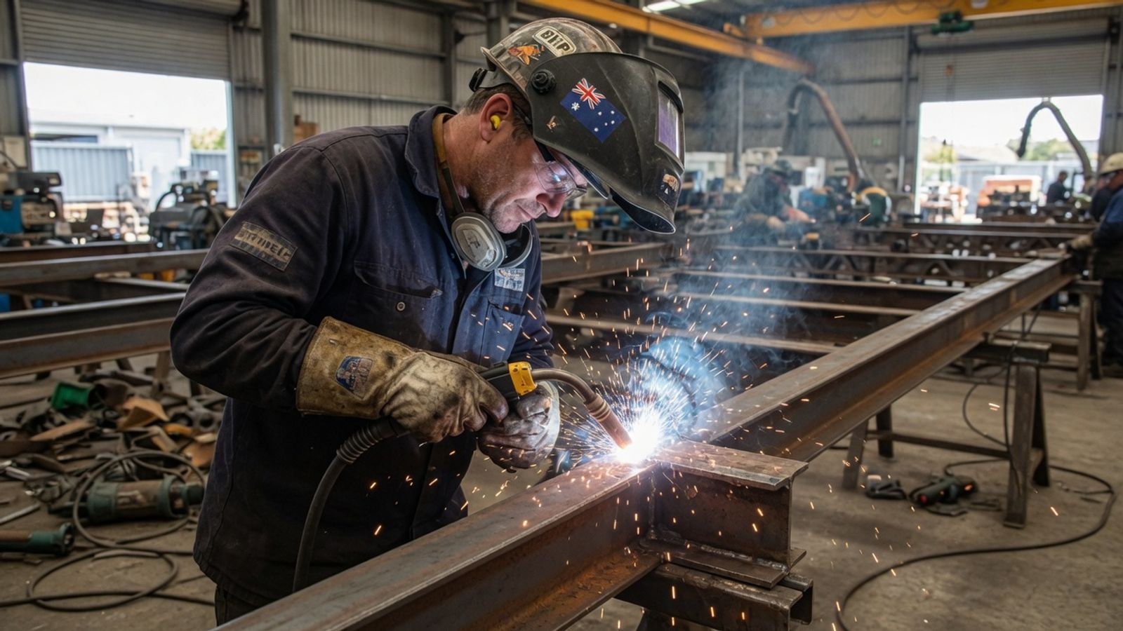 Boilermaker welding structural steel in an Australian fabrication workshop