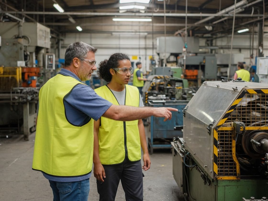 Factory supervisor and a new worker in hi-vis vests on a production floor, pointing at a guarded machine