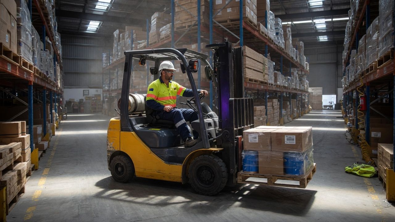Forklift driver operating a counterbalance forklift in a warehouse