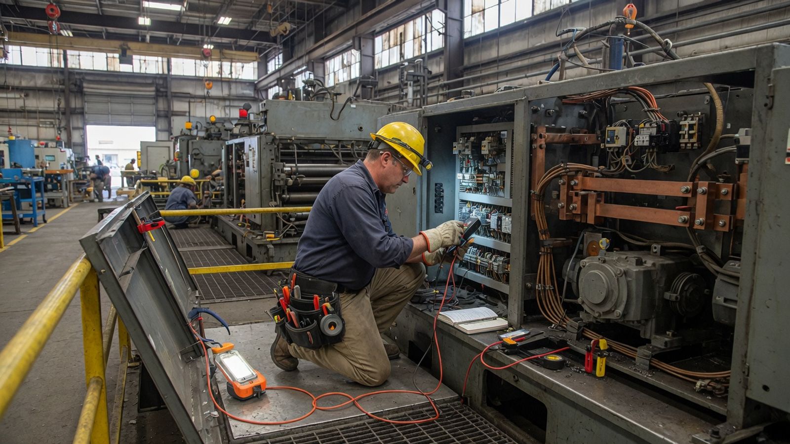 Temporary electrician working on plant machinery during a shutdown