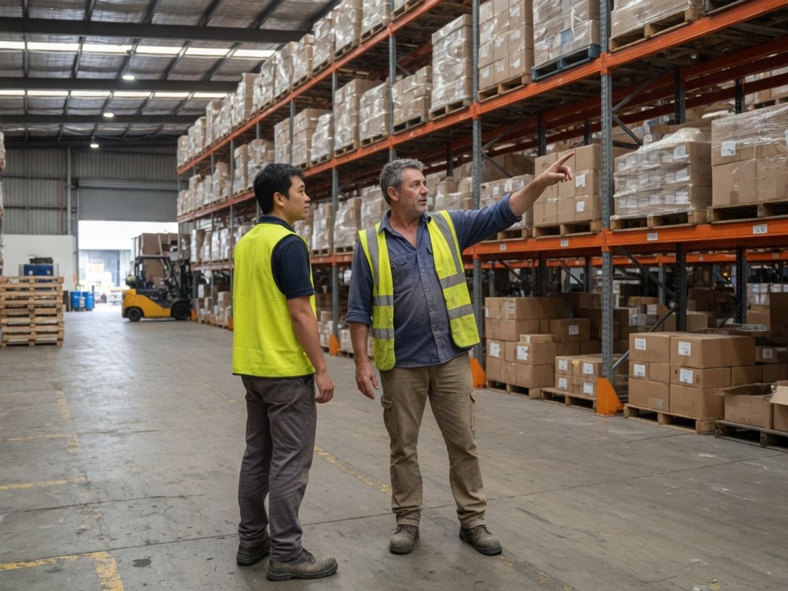New casual worker and supervisor at a warehouse induction area, digital onboarding for casual workers in Melbourne