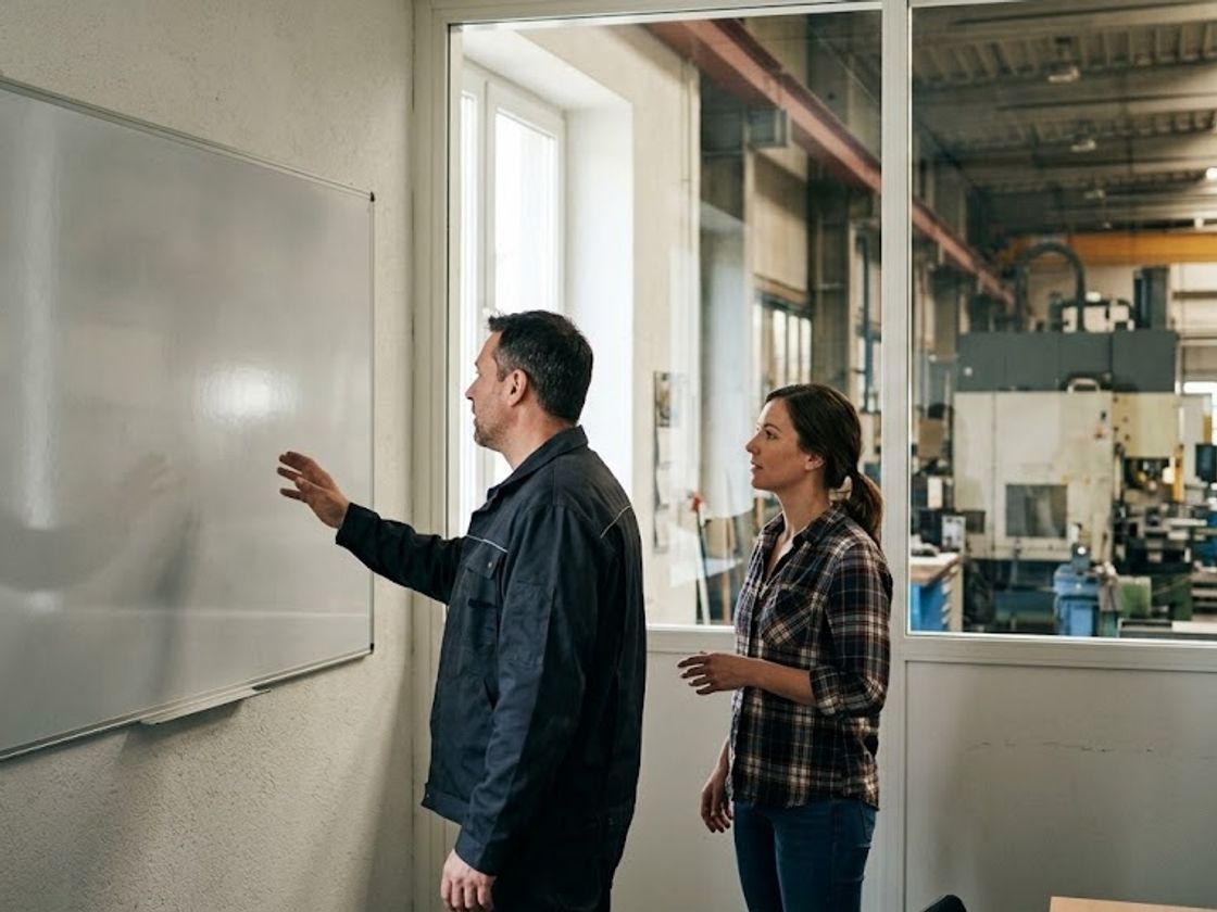 Two planners at a blank planning board working through production scheduling delays