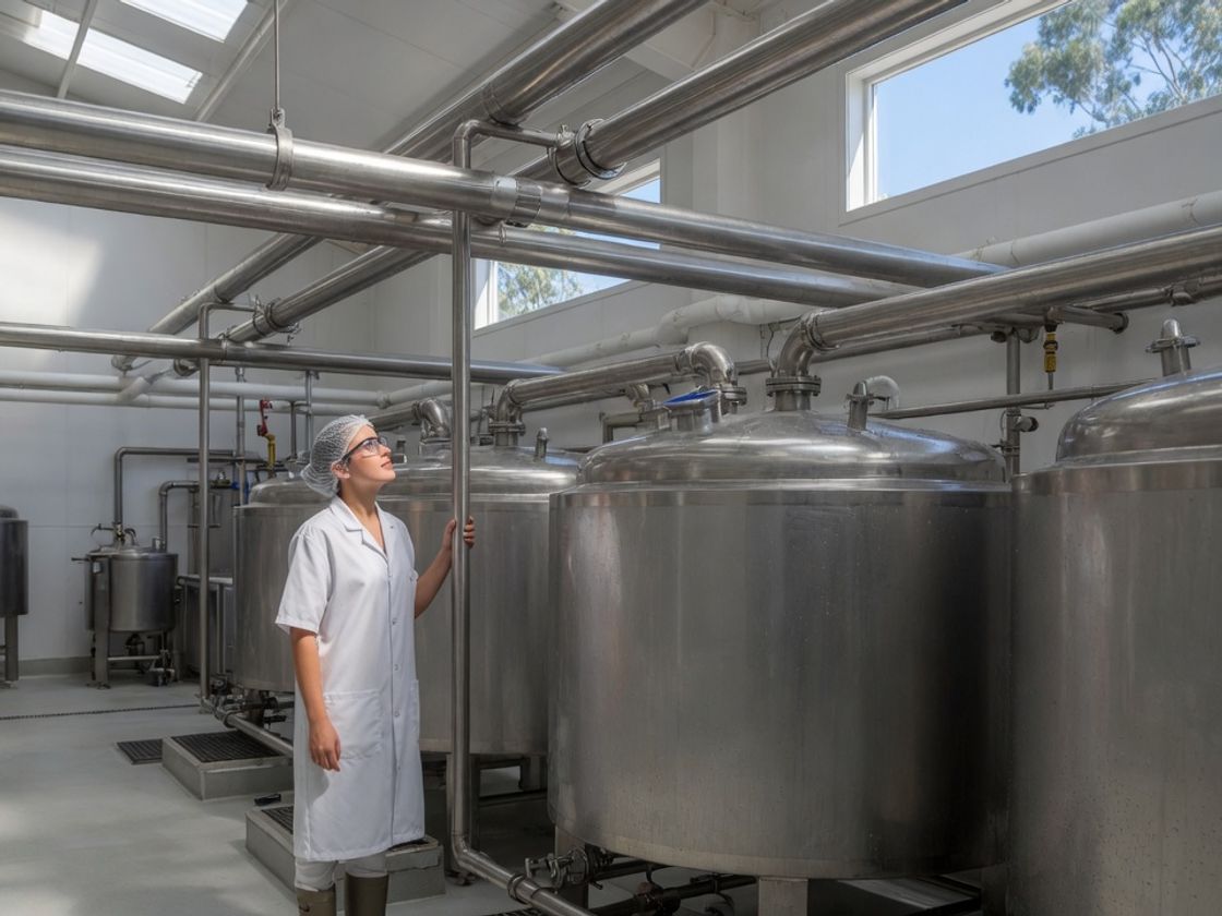 A young worker in a hygiene coat beside stainless steel vats in a dairy plant, for the Fonterra graduate program