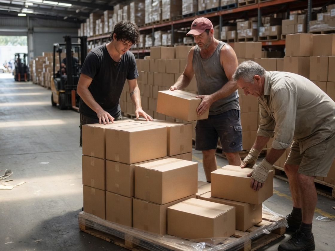 Three workers stacking cardboard cartons onto a pallet side by side in a distribution centre aisle
