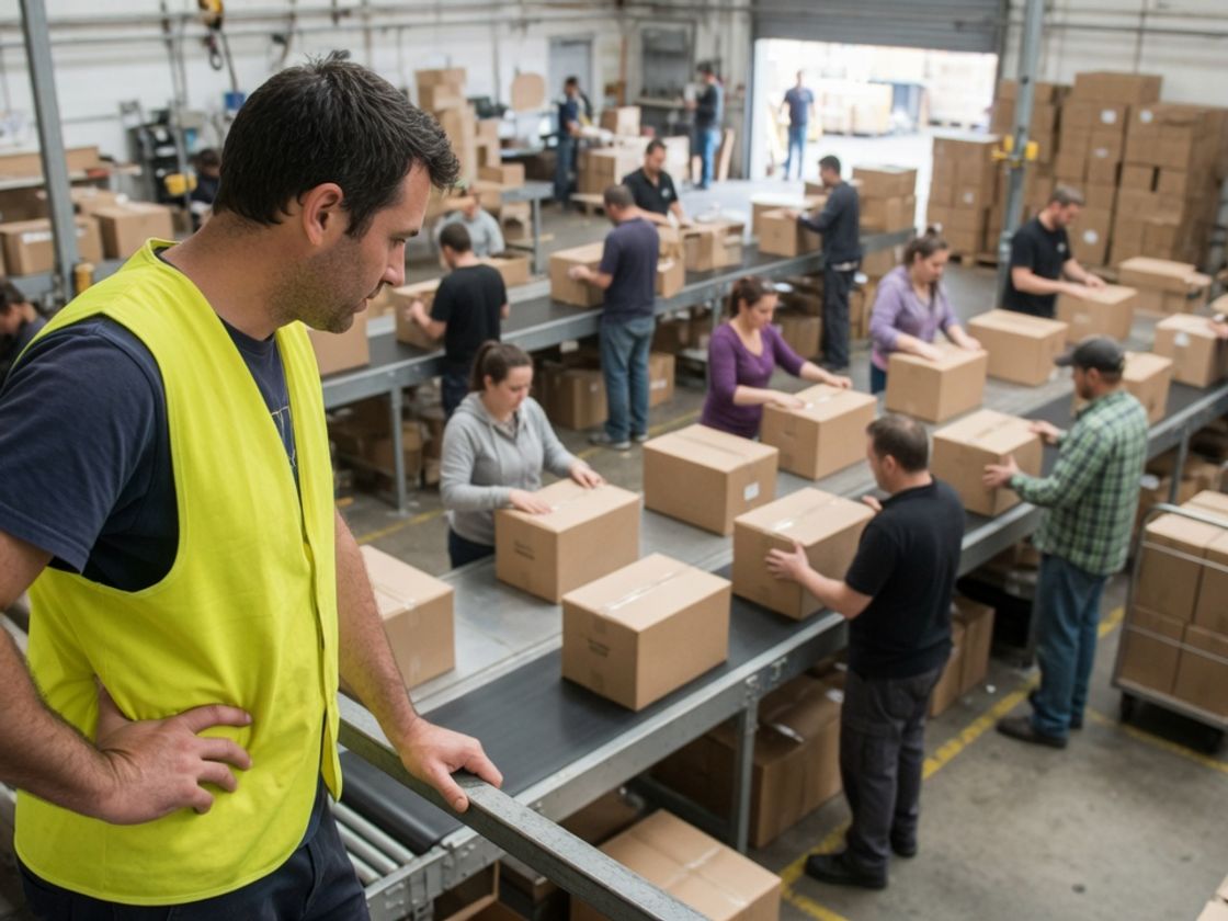 Team leader in a hi-vis vest overlooking a busy packing area with workers at a conveyor and stacked cartons