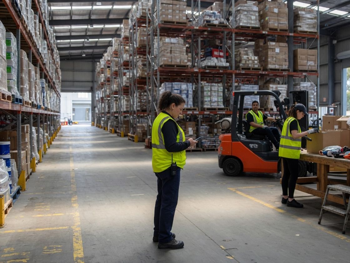 Warehouse supervisor with a phone in a racking aisle, screening warehouse applicants at a Melbourne distribution centre