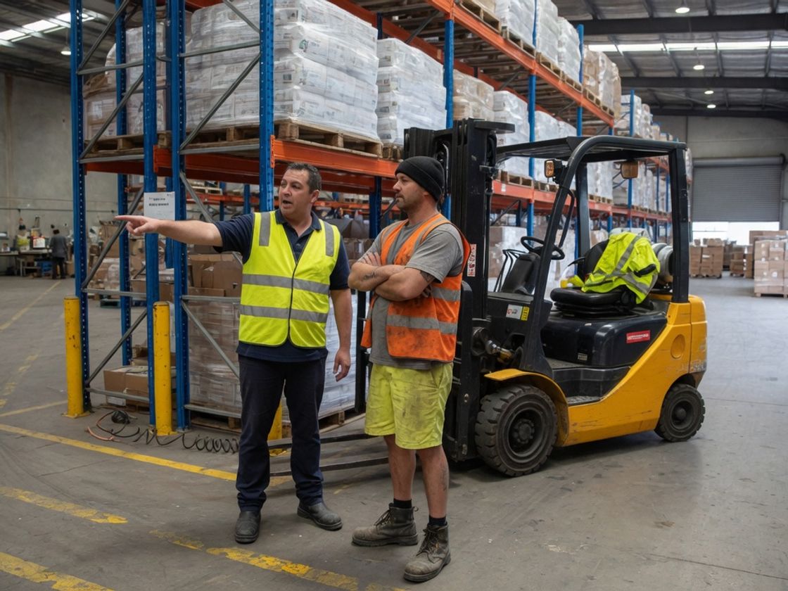 Supervisor and labour hire worker talking through a change to the worker's tasks beside pallet racking in a warehouse